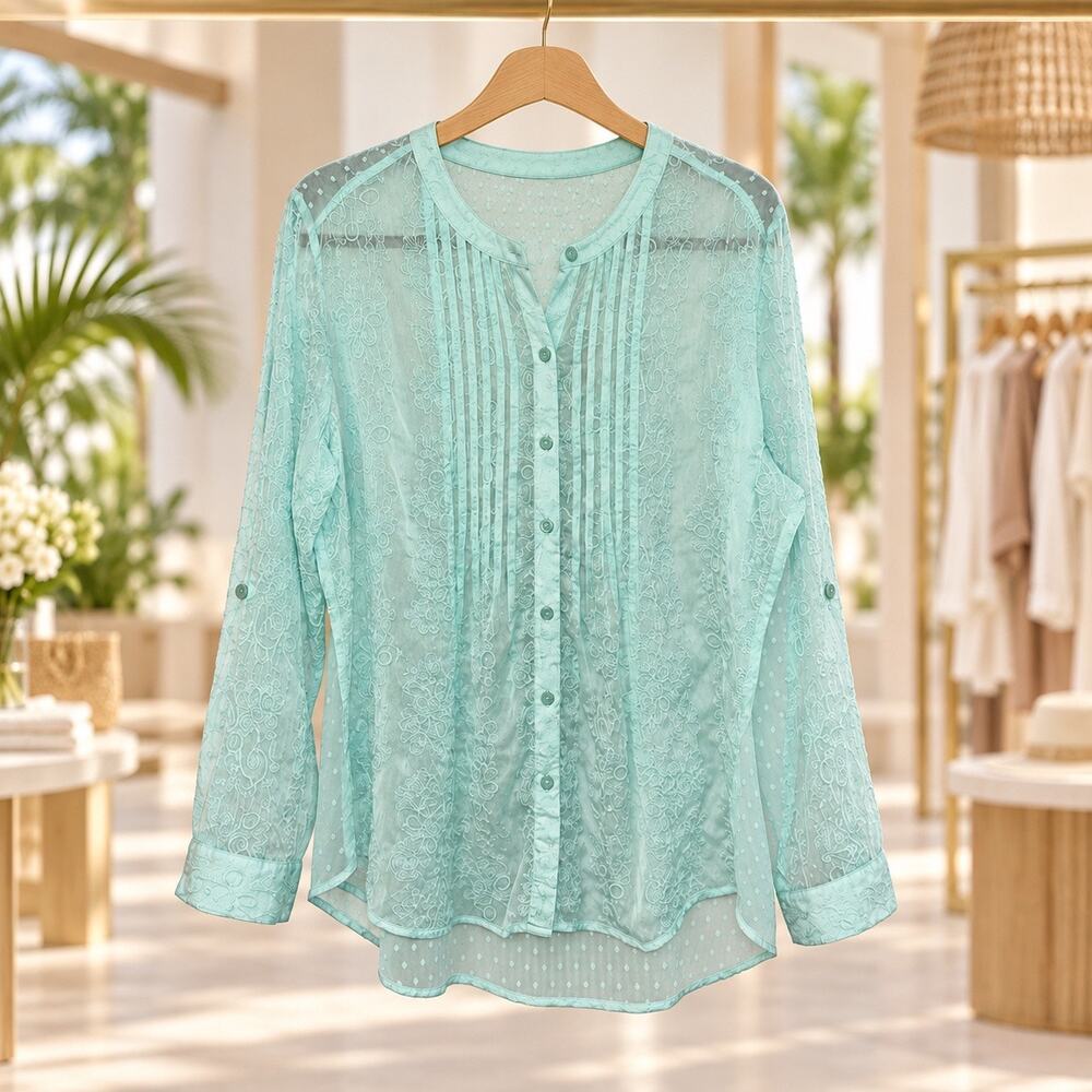 Chico’s Paisley Azul Metallic Monroe Office Business Preppy 3/4 Sleeves Top